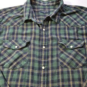 Pashartuk Mens XL Plaid Long Sleeve Pearl Snap Button Up Flannel Shirt Green
